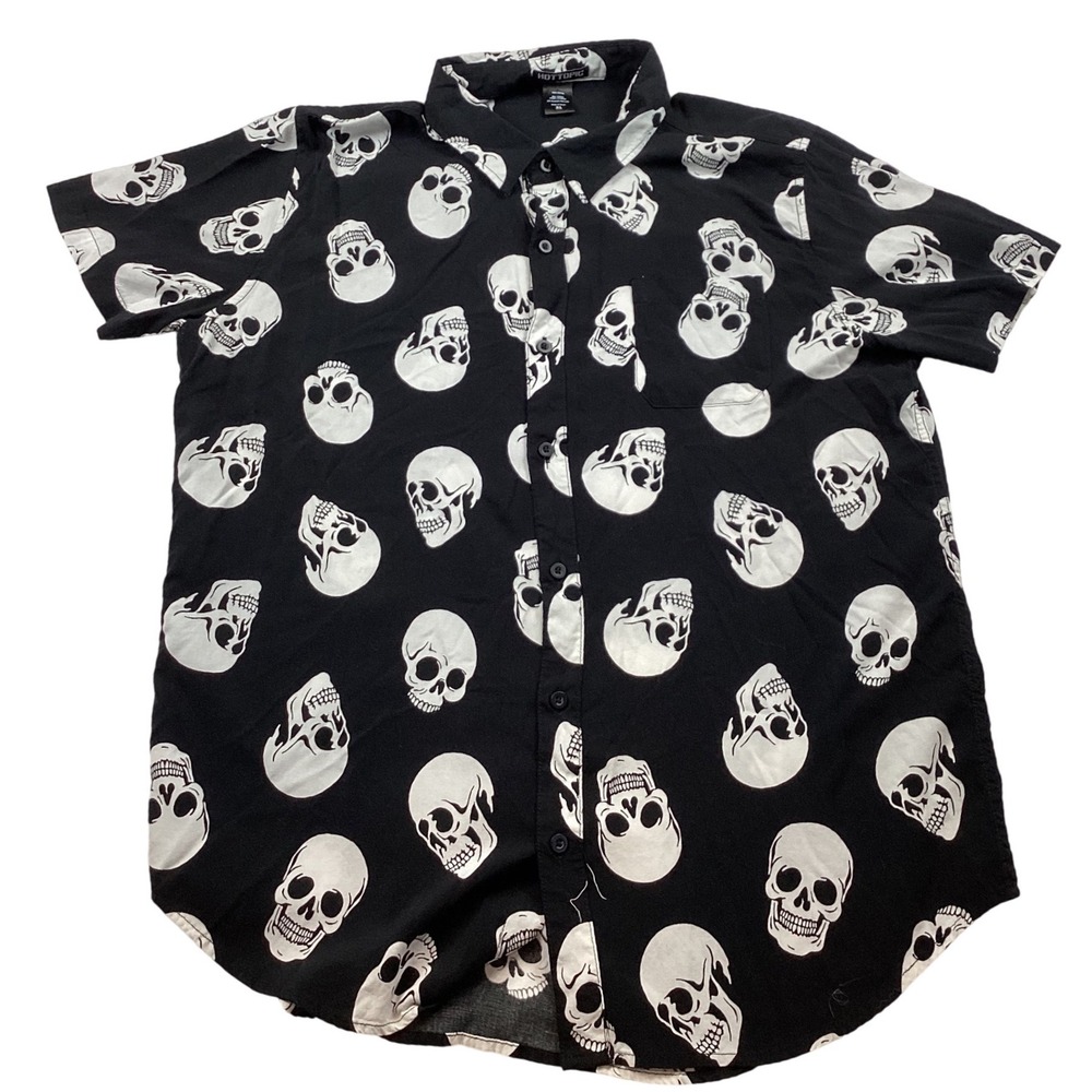 Hot Topic Mens‎ XL Black White Skull Print Rayon Short Sleeve Button Down Shirt